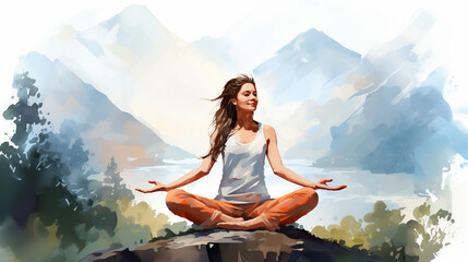 Female character doing yoga exercises on fresh air. Outdoor yoga. Wellness, healthcare and lifestyle concept in watercolor style on a white background. Generative AI