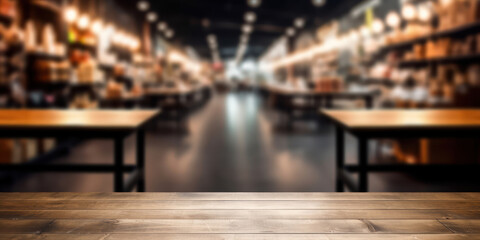 Dark wooden board empty table top and blur Interior