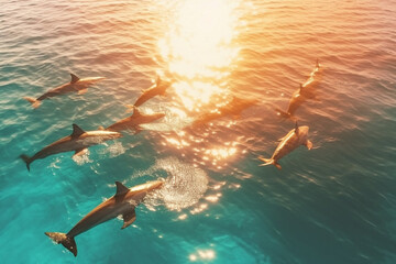 Dolphins swimming in turquoise sea water. Swimming dolphins. Generative AI