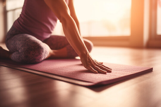 Close Up Of Elderly Young Woman Doing Yoga Exercise On Yoga Mat At Home, Studio At Sunset. Generative AI