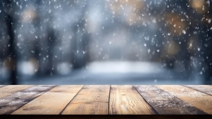 Empty dark wooden table and snow background
