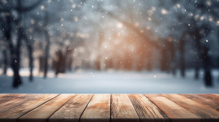 Empty dark wooden table and snow background