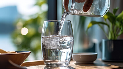 Drink Water. Woman's Hand Pouring Fresh Pure Water From Pitcher Into A Glass. Health And Diet Concept. Healthy Lifestyle. Healthcare And Beauty. Hydratation. Generative Ai