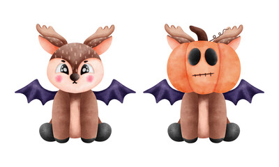 Fototapeta premium Two cute little reindeer with pumpkin hat and purple bat wings in whimsical watercolor illustration.