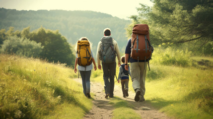 Fototapeta na wymiar Family goes for a walk with hiking backpacks mountain
