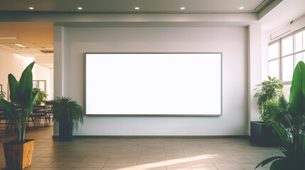 Empty advertising billboard frame on wall in office lobby copy space for mock up. Generative AI
