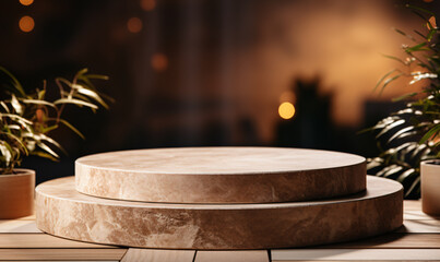 Clean and Refined: Stone Product Display Podium on a Beige Background, Accentuating the Beauty of Simplicity and Elegance