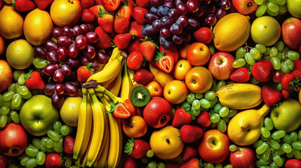 Naklejka na ściany i meble Background of fresh fruits arranged together representing concept of health diet. Top view. Generative Ai