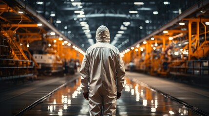 employee in white uniform standing in big factory, generative AI