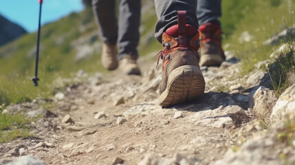Shoes of a tourist walking in the mountains, close-up