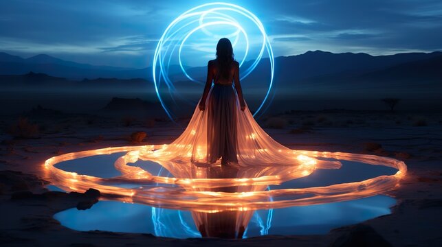 a woman in a long dress standing in front of a fountain, generative AI