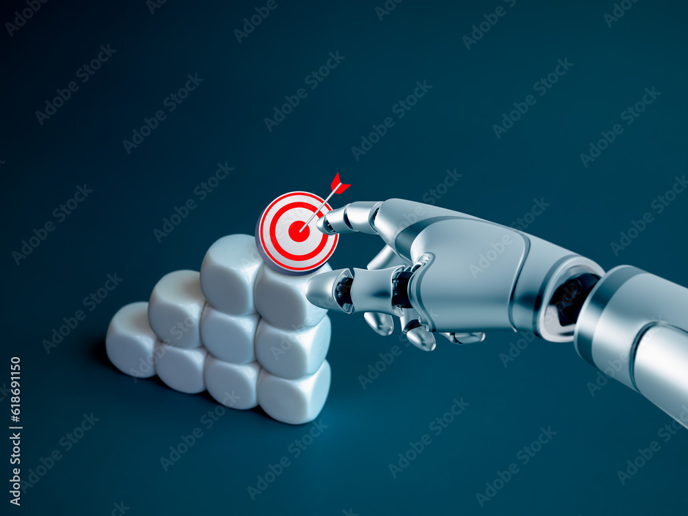 Poster business goal and technology with artificial intelligence concepts. smart robot hand pointing on 3d 