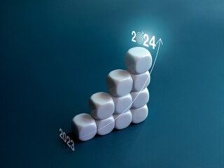 Increase rise up arrow on white blocks chart steps from year 2023 to 2024 with glowing year numbers...
