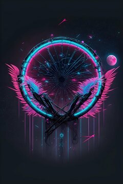 a dreamcatcher cyberpunk futuristic with pink and blue peacock feathers pink and blue neon background stars et sky 