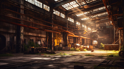 Territory of abandoned industrial area waiting for demolition. Broken and burnt buildings. Ai generative