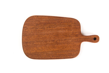 empty wooden cutting board for serving pizza, steak isolated on white background.