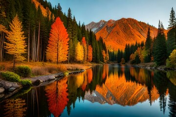 An image of a tranquil forest during the fall season with colorful leaves