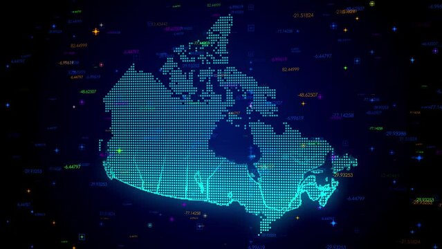 Futuristic Motion View Blue Colorful Shiny Digital Technology Hud Dots Mosaic Grid Canada Map Light Scanning With Numeric Tech Particles Background, Seamless Loop