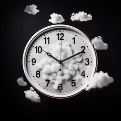 Alarm clock on fluffy white clouds on black background, time management, Relax time, Generative AI