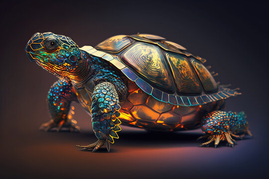 Image of a turtle with technology concept. Wildlife Animals. Illustration, generative AI.