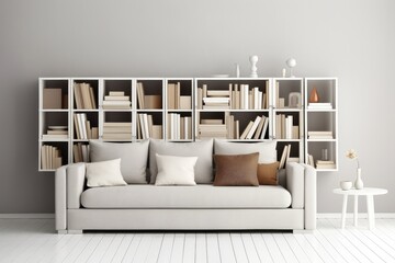 Modern Minimalist Living Room with Modular Bookshelf and Neutral Sofa