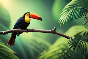 Exotic birds perched on branches in the jungle.