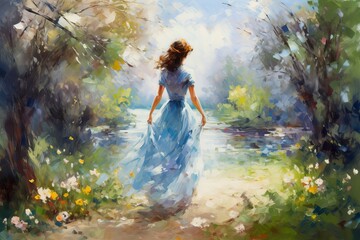 Fototapeta na wymiar An Impressionism artwork showcasing a lone girl standing amidst a picturesque field of vibrant flowers, embodying the essence of the moment through delicate brushwork Generative AI