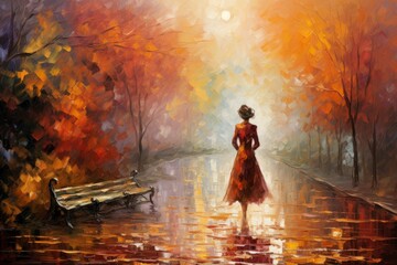 Autumnal solitude: An Impressionism artwork depicting a lone girl standing in a park adorned with vibrant autumn colors. With gentle brushstrokes Generative AI