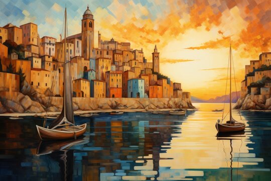 Captivating scene of a boat peacefully floating on a lake, surrounded by beautiful buildings. This art style captures the essence of post-impressionism, showcasing vibrant colors, Generative AI