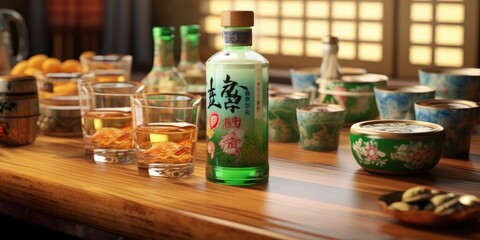 Obraz na płótnie Canvas Korean Soju Bottles and Glasses