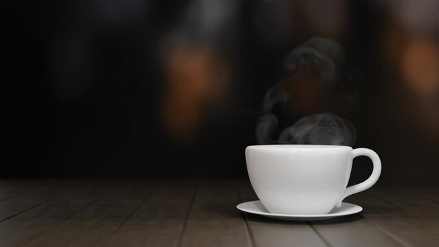 Coffee cup saucer, white ceramic in dark room with blur light from cafe pub background. Hot coffee with smooth smoke steam. Seamless loop. For product advertisement with copy space. 