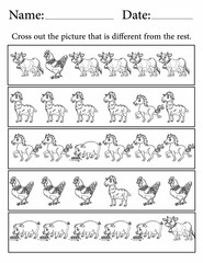 Activity sheet for Kids | Activity Worksheets for Kindergarten Children | Find the Different Animal