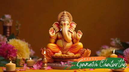 Happy Ganesh Chaturthi with Golden Lord Ganesha Sculpture. AI Generative Image - obrazy, fototapety, plakaty