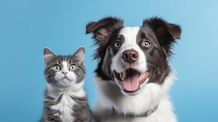 Dog and cat looking camera, illustration for product presentation template, copy space.