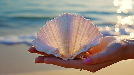Close up of young woman hand holding big shell on the beach.  generative AI