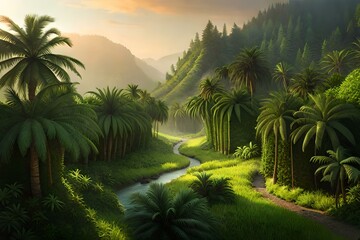 Lush tropical jungle with towering palm trees and dense undergrowth.
