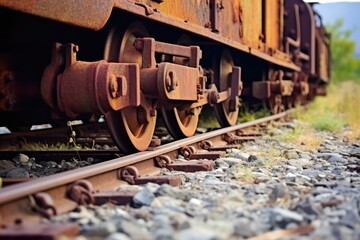 Rusty Relic: Close-up of Abandoned Train Car Wheels on Gravel Tracks