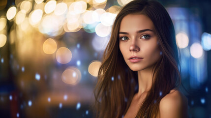 Fototapeta premium Beautiful skinny young woman on golden bokeh background.