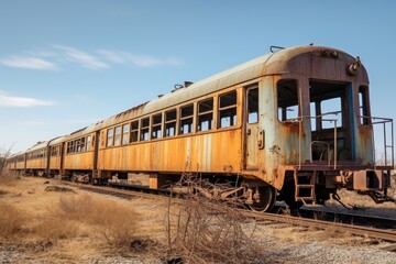 Fototapeta premium Rusting Railcars in Forgotten Rail Yard, Sunlit Landscape