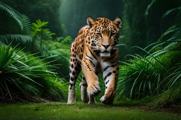 Majestic jaguar prowling through the dense jungle