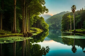 Serene jungle lake reflecting the surrounding greenery.