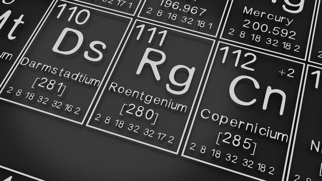 Darmstadtium, Roentgenium, Copernicium on the periodic table of the elements on black blackground,history of chemical elements, represents the atomic number and symbol.,3d rendering