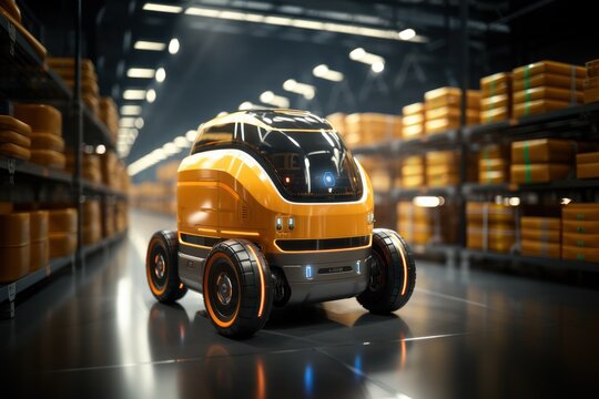 Warehouse automation robot delivery with 5g wireless connection, smart industrial concept.