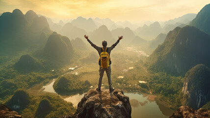 Obraz premium a man tourist is standing with both hands raised After successfully conquering the peak , on top of a mountain, ninhbinh Vietnam,ai generative.
