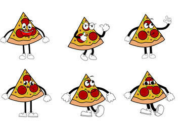 Funny retro pizza cartoon characters in playful and cute poses. Perfect for kids sticker packs, emoji sets, fast food themes, and fun meal designs.