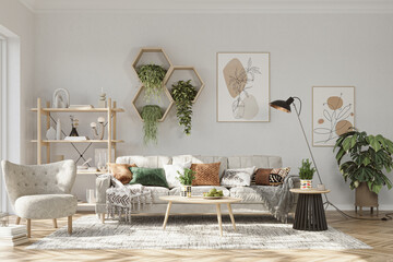 Home interior with hexagon shelves on white wall background, 3d render