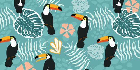 Set of Seamless Patterns With Tropical Leaves and bird