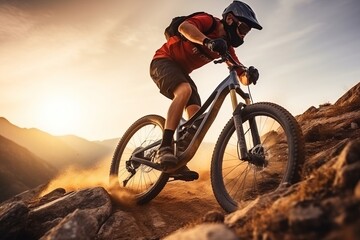 Naklejka na ściany i meble Extreme mountain bike sport athlete man riding outdoors - Generative AI