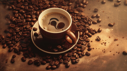 Naklejka premium Steamy Delight: A Cup of Hot Coffee Embraced by Coffee Beans on a Wooden Table Generative AI
