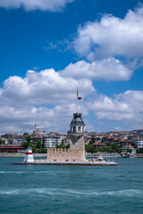Fototapeta na wymiar After restoration, the Historical Maiden's Tower and Uskudar beach in the background. Kiz Kulesi, Istanbul. Turkey.